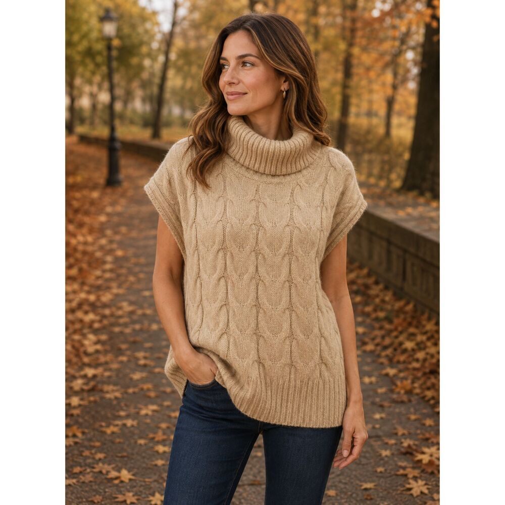 Elan Cable Knit Turtleneck Sweater - Tan | Size Medium